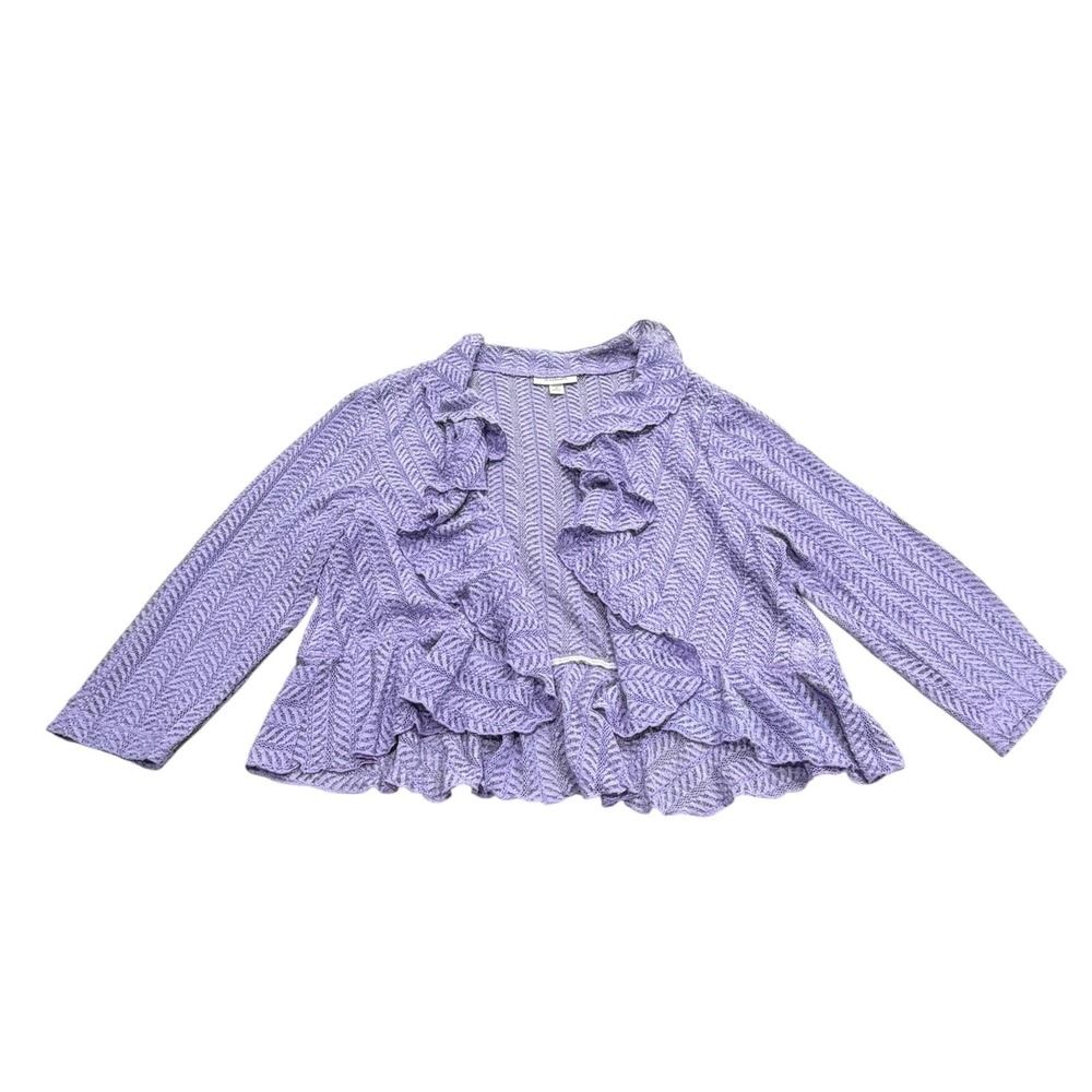 Dressbarn Womans Purple Sheer Ruffle Mesh Cardigan Open Front Size 20 Flowy
